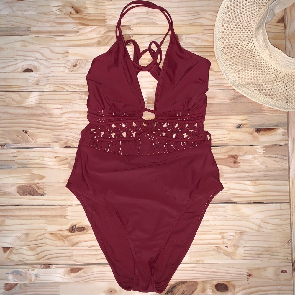 XHILARATION• large• maroon one piece swim suit